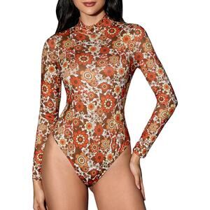 Women's High Neck Long Sleeve Floral Print Bodysuit Leotard Fall costume  Small
